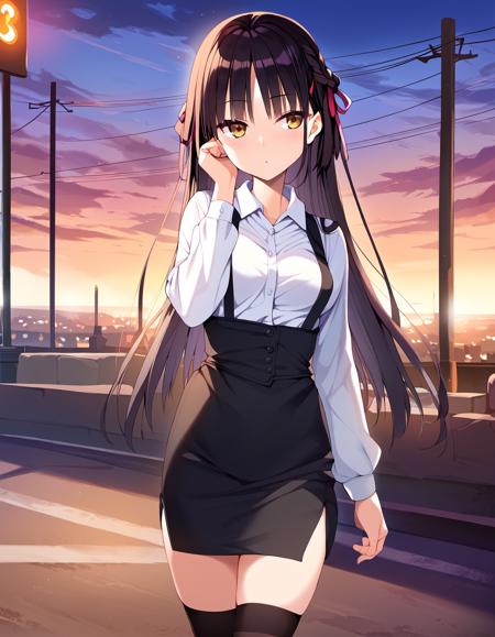 skntm, skntm, long hair, black hair,  hair bow, ribbon, bangs, blunt ends, yellow eyes, medium breasts,  score_9, score_8_up, score_7_up, source_anime,