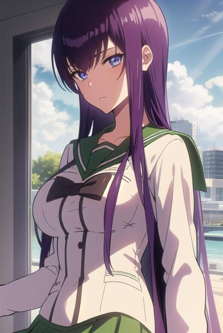 saekobusujima, <lora:saekobusujimatest:1>,
saeko busujima, long hair, purple hair, (purple eyes:1.1), hair between eyes,
BREAK skirt, long sleeves, bow, school uniform, serafuku, green skirt,
BREAK looking at viewer,
BREAK indoors, classroom,
BREAK <lora:GoodHands-vanilla:1>, (masterpiece:1.2), best quality, high resolution, unity 8k wallpaper, (illustration:0.8), (beautiful detailed eyes:1.6), extremely detailed face, perfect lighting, extremely detailed CG, (perfect hands, perfect anatomy),