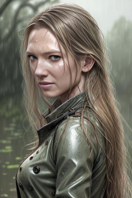 annaTorv outside in the rain, soaking wet, dank swamp, (detailed facial features:1.15), very long flowing hair, Unreal Engine 5, 8K, HQ, HDR, amazing detail, intricate details, shallow depth of field, reflections, art by artgerm and greg rutkowski, <lora:AnnaTorv:1.0>