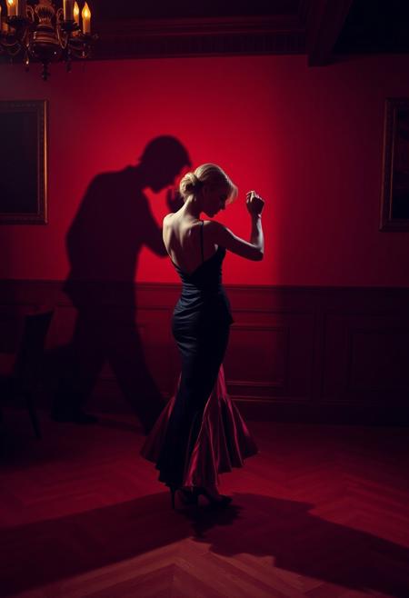 Art photography contest grand winner, an artistic photograph of a woman in a tango dancing dress, seemingly dancing with the shadow of a man on the wall, the photograph is taken in a rich venue, the lighting is moody and professional, the atmosphere is heavy and a little smoky