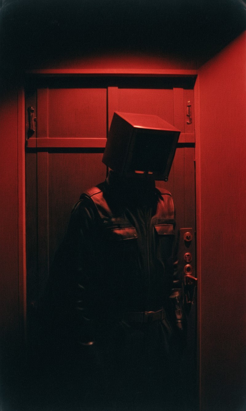 analog film photo man, door, dark, box head, huleebstyle, helmet, dark, monochrome, red light, simple, <lora:HuleebStyle_v...