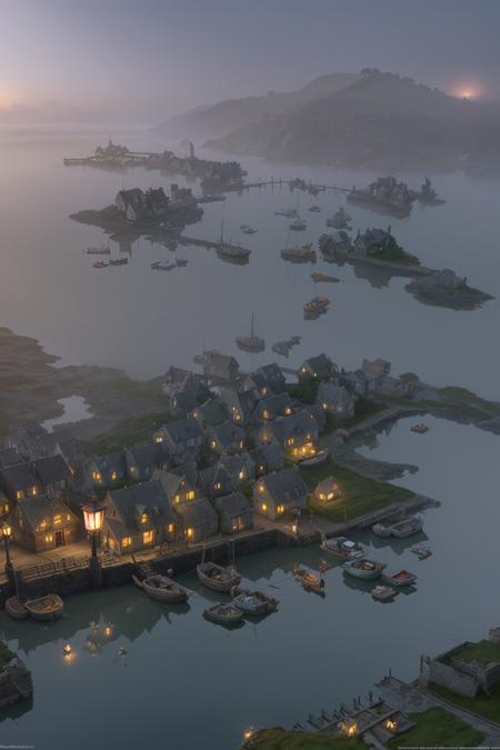 small coastal fantasy town, quaint stone houses with mossy roofs, fishing boats docked at a wooden pier, misty sea horizon, glowing lanterns reflecting on water, calm peaceful mood, early morning fog, fantasy medieval RPG setting, ultra realistic fantasy photography, Gludin from Lineage 2