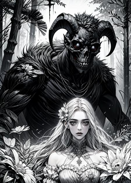 official art, unity 8k wallpaper, ultra detailed, beautiful and aesthetic, High quality, beautiful, masterpiece, best quality, (zentangle, mandala, tangle, entangle:0.6), black and white photo of a man and a girl in a dark forest, (a male monster next to a girl), gloomy, dark, limited palette, long straight black hair, lycoris flower, goat skull, (red, black), (horror), (gloomy), blood, occult, demonic