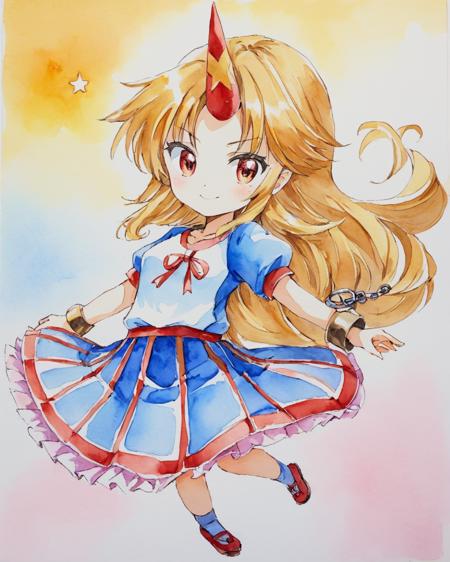 hoshiguma yuugi,1girl, solo, painting_\(medium\), traditional_media, single_horn, watercolor_\(medium\), mary_janes, smile, short_sleeves, skirt, socks, looking_at_viewer
<lora:hoshiguma_yuugi_image3866_2023-12-17-000008:1>,star-shaped_pupils,symbol-shaped_pupils,. gorgeous,key visual, vibrant, studio anime,award-winning, professional, highly detailed,high budget, cinemascope