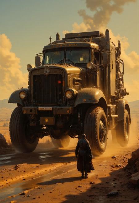 highest details, ultra hyper realism. highly detailed and realistic. intricate and highly professional artwork, an absolute masterpiece.
 Brutalist Steampunk, gothic fantasy, moody lighting, rusted metal tones, ash and ember palette.
Wide view, futuristic, Sci-fi cinematic scene. Rural Wasteland national background. Armored Steampunk Truck driving through, with guns and turrets. wandering through, Golden runes and cybernectic line decorate, Grimmdark, mechanical. (Ultra-realistic, 32k, Masterpiece, High Quality, Detailed Realistic Background, Official Art, Realistic Lighting, filmfotos, film grain, reversal film photography).