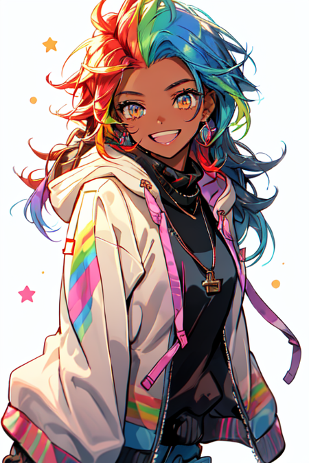 Niji Pride, 1girl, solo, blush, smile,  brown hair, shirt, jewelry, blue hair, jacket, upper body, multicolored hair, earrings, green hair, teeth, dark skin, hood, necklace, star (symbol), dark-skinned female, hoodie, turtleneck, hooded jacket, black sweater <lora:nijipride:1>