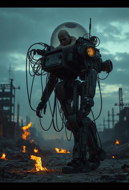 It is dawn. Various fires light up the area. an action filled movie shot of a tall walking mecha robot with a lot of dangling cables and visible machinery in a broken urban setting. The robot has a backpack with a glass dome. Inside the dome is the withered remains of an old human. The human is used to power the robot and is connected with cables. realistic, the robot is engaged in warfare, combat, sitting in a combat position with one knee up and one hand on the ground. 4k, futuristic, fallout-inspired, Retrofuturism, atomic-punk