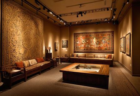 a cozy museum with an exhibit showcasing various historical artifacts from different cultures. The museum hums with the quiet energy of human activity. Visitors wander from display to display, taking in the rich tapestry of history and artistry. Soft whispers of conversation fill the air as people point out details in the exhibits and share their awe. The lighting is warm and inviting, casting gentle shadows and highlighting the intricate details of the art pieces. Comfortable seating areas are scattered throughout, inviting visitors to rest and reflect on the stories they've encountered.
