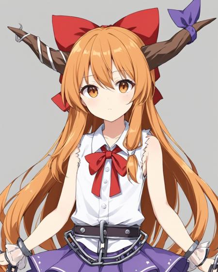 ibuki suika,1girl, solo, chain, alternate_hair_length, skirt, hair_bow, red_bow, white_shirt, horn_ribbon, looking_at_viewer, sleeveless_shirt, shackles, grey_background, closed_mouth, oni_horns, simple_background, torn_clothes
<lora:ibuki_suika_image9170_2023-12-11-000006:1>,star-shaped_pupils,symbol-shaped_pupils,. gorgeous,key visual, vibrant, studio anime,award-winning, professional, highly detailed,high budget, cinemascope