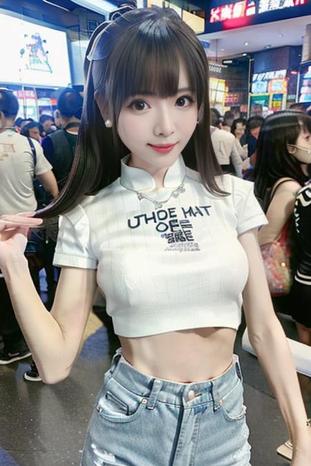 1girl, Chinese, wearing white crop top, grey jeans, earrings, with a background of Times Square. upper body, 8k, HDR, photorealistic, realistic, slim legs, looking at viewer,