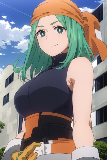 emifukukado, <lora:emi fukukado s3-lora-nochekaiser:1>,
emi fukukado, long hair, (green eyes:1.5), (bright pupils:1.5), green hair, smile,
BREAK skirt, shirt, gloves, bare shoulders, school uniform, white shirt, sleeveless, belt, bandana, orange gloves,
BREAK outdoors, city, sun, clouds, sky,
BREAK looking at viewer,
BREAK <lyco:GoodHands-beta2:1>, (masterpiece:1.2), best quality, high resolution, unity 8k wallpaper, (illustration:0.8), (beautiful detailed eyes:1.6), extremely detailed face, perfect lighting, extremely detailed CG, (perfect hands, perfect anatomy),