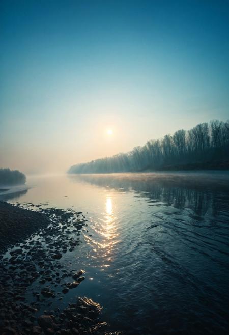 Majestic mighty Volga river, bright blue sky at sunrise, dawn, warm sunlight casting soft shadows, hyperrealistic details, cinematic look, vivid colors, complex textures, 8k resolution, idyllic landscape. highly detailed and hyper realistic photo, by Alena Aenami , by Archibald Thorburn , by Daniele Afferni , in the style of  monochromatic silhouette reflection,  limited dark palette, unusual dark colors, faded colors, atmospheric haze, highly dramatic cinematic lighting, motion blur, film grain,  professional, excellent composition, finest details, maximized details, ultimate detail level, masterpiece, best quality