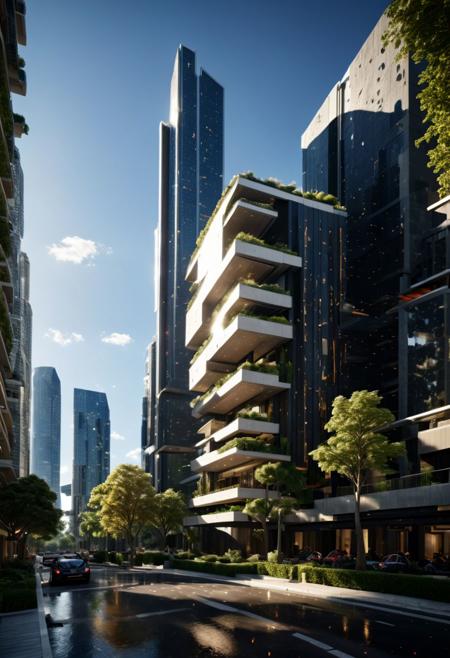 (((Modern style architecture, housing, luxury residence))),
outdoors, sky, tree, blue sky, no humans, ground vehicle, building, scenery, reflection, city, cityscape, bare tree, skyscraper, real world location,
(Large Files, Ultra Realistic, 8K, 16k, FHD, HD, VFX, Perfect, Photography, composition, Architecture Sales Photography, Architecture Competition, Ultra High Resolution, Cinematography, High Resolution Image:1.1), (dramatic lighting, direct sunlight, ray tracing, clear shadow:1.2), (real landscape:1.1), (blurred background:1.0), (urban background, more_details)  
(avant-garde, future, reality, science fiction, photorealistic), (modern architecture:1.2), White limestone with black granite, fountain, waterfall, landmark, square, path, narrow street,
(Large Files, Ultra Realistic, 8K, 16k, FHD, HD, VFX, Perfect, Photography, composition, Architecture Sales Photography, Architecture Competition, Ultra High Resolution, Cinematography, High Resolution Image:1.1), (dramatic lighting, direct sunlight, ray tracing, clear shadow:1.2),  (real landscape:1.1), (blurred background:1.0), (urban background, more_details) ,
great lighting, extremely detailed, clear, SteamPunk, futuresurban