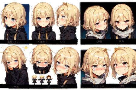 masterpiece, best quality, tsundere, chibi, pouting, crying, character sheet