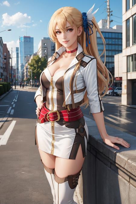 masterpiece, best quality, alisa reinford, sen3alisa, side ponytail, scrunchie, choker, white jacket, white dress, red belt, thigh boots, large breasts, standing, looking at viewer, city, outdoors, building, smile, contrapposto, crossed arms <lora:alisa-nvwls-v2-000009:1>