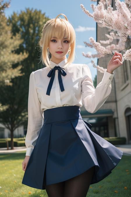 ultra-detailed,highly detailed,best quality,masterpiece,illustration,
saber, 1girl, artoria pendragon \(fate\), solo, cosplay,
blonde hair, ahoge,hair ribbon, short hair, braided bun, sidelocks, bangs, 
pantyhose, shirt,skirt,  neck ribbon, long sleeves,casual, blouse, high-waist skirt, 
looking at viewer, 
outdoors, grass,dynamic pose, photo background, flower, wind,sky,falling petals, 
<lora:saber_v1_02:0.7>