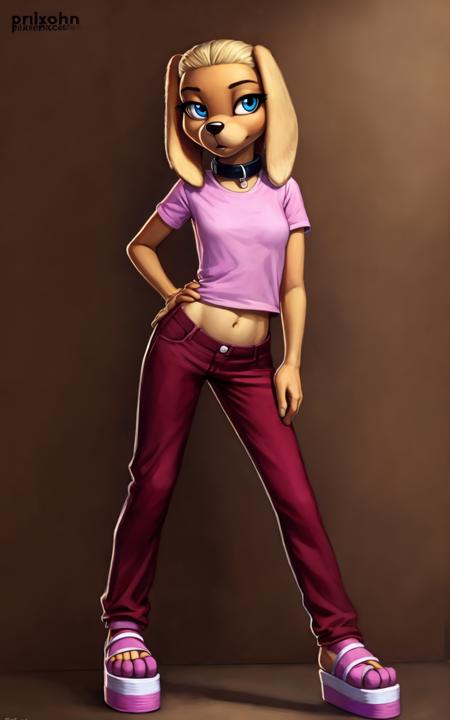 8k.4k,((Best quality, masterpiece, ultra high resolution)),((full body)),standing, by pixelsketcher, <lora:Brandi Harrington:0.9>,brandi harrington, furry, furry female, shirt, tail, pants, dog girl, animal ears, blue eyes, dog tail, dog ears, standing, purple sandals,flat chest,red pants,(blonde hair), midriff,platform footwear,animal nose,pink shirt,collar,navel