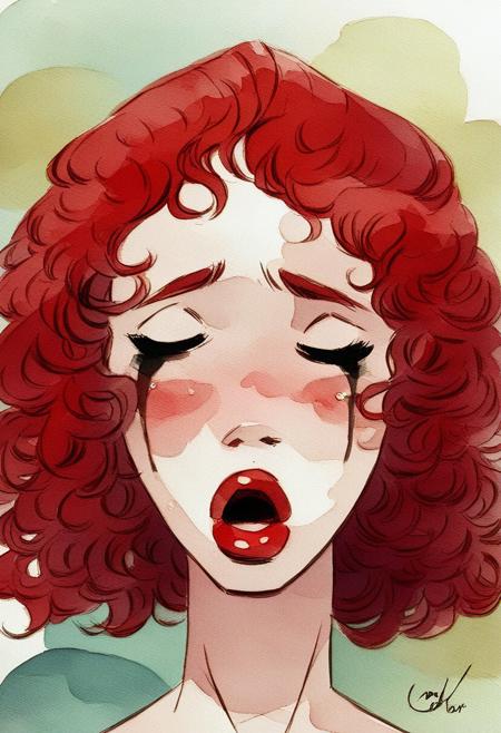 (abstract watercolor portrait of a young woman), (aesthetic:1.5), 1girl, extreme closeup, cute face, closed eyes, blush, thin red lips, open mouth, orgasm face, red hair, ruined makeup, tears