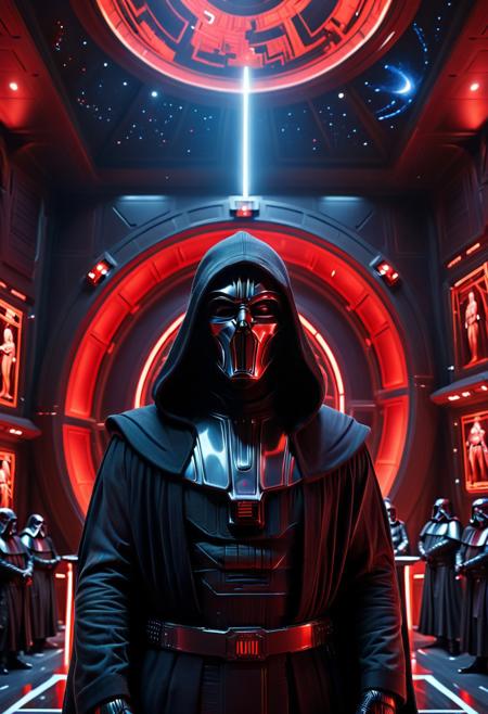 score_9, score_8_up, score_7_up, score_6_up, score_5_up, score_4_up, (absurdres, best quality, masterpiece:1.4), illustration, photorealistic, cinematic lighting, dynamic angle, perfect composition, Galactic Senate chamber, dark hooded figure, sinister grin, holographic display, grand speech, Sith manipulation, ambient lighting, red undertone, political atmosphere