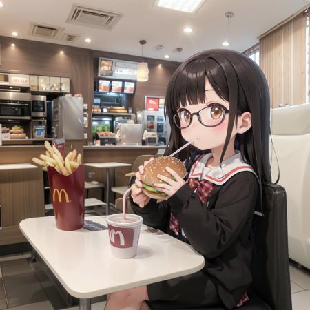 best quality, ultra-detailed, illustration,
makudo, indoors, scenery, poster (object), chair, ceiling light, window, ceiling, table, blinds, 
food, food focus, cup, burger, french fries, disposable cup, still life, cheese, drinking straw, bread, drink, tray, table, chair, 
1girl, glasses, black hair, long hair, brown eyes, school uniform, school bag, blush, looking at viewer, sitting,
<lora:McDonald_JP_indoors_SD15_V2:0.8>