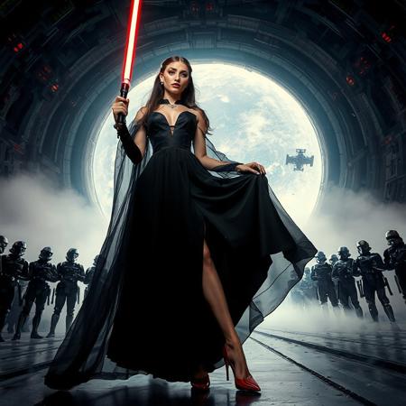 slender arrogant cold femme fatal russian princess wearing black rich  victorian  dress  with high slit puffy full skirt , small size opulent glossy red  high heels, ultrathin black transparent slime cloak, jewels, elegant small light saber in her right hand, lifting her skirts with left hand, posing standing, view from below,  evil grin, green eyes, lipstick, giant portal to outer space, fog from the floor, empire spaceship hangar, surrounded by halo odst troopers, TIE spaceships at the background, fashion look, hollywood, vogue makeup, porcelain skin, long haired, ultrathin waisym reminiscent of Lucas, Spielberg styles, with close-up glamour photography and dramatic lighting view from below,