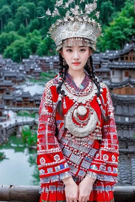 miaozu, Hmong, 1girl, solo, long sleeves, photo background, black hair, looking at viewer, hat, bangs, blurry background, outdoors, long hair, cowboy shot, skirt, blurry, twin braids,<lora:XL_miaohong:1>,(,upper body:1.1),