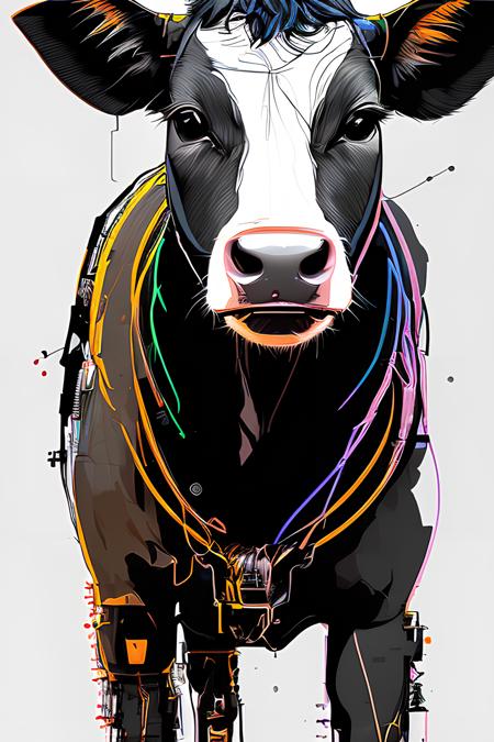 (samdoesarts:1.3), nvinkpunk, a photorealistic portrait of a cow, cyber cow, cyborg animal, drawing, thick lines