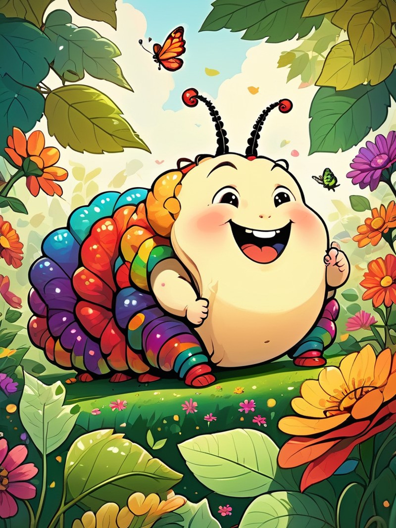 A whimsical drawing of a chubby, happy caterpillar munching on a leaf, with a backdrop of a lush, enchanted garden full of...