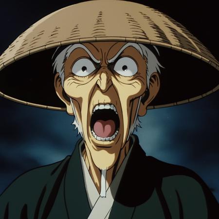 cinematic film still of  <lora:Ninja Scroll style xl v1:0.1>
 <lora:Dakuan xl v1:1>
Dakuan old underhanded man In 1990's Japanese anime film style a screaming wide eyes surprised cartoon character with a hat on his head, perfect image, perfect body, perfect anatomy, sharp image, detailed image, cinematic style, high quality color style, Ninja Scroll style, cartoon style, Dakuan style, solo, looking at viewer, open mouth, teeth, parody, black background, portrait, wide-eyed, old, horror (theme), simple background, hat, grey hair, straw hat, black hair, close-up, brown headwear, constricted pupils, old teeth style, creepy, shallow depth of field, vignette, highly detailed, high budget, bokeh, cinemascope, moody, epic, gorgeous, film grain, grainy