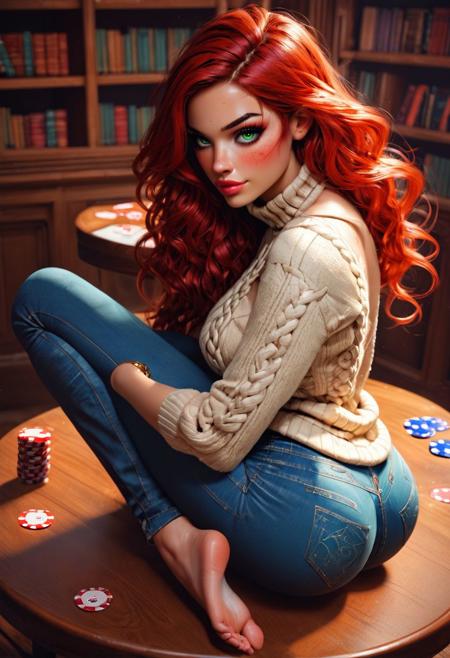 score_9, score_8_up, score_7_up,score_6_up, rating_questionable, 1girl, solo,
d4rk4utumn, red hair, green eyes, auburn red hair, wavy hair, sparkly green eyes, eyeliner, eyeshadow, mascara, pink lipstick, tan,
(((oversized aran knit sweater))), ((turtleneck sweater)), tight jeans, long jeans, (((bare feet))), gold bracelet on right wrist, feet up in air, 
flirty, horny, mischief, naughty, inviting,  blushing, ((flirting)),
sitting, poker cards, poker chips, table, bookshelf, large breasts, thin waist, bubble butt, long legs, indoors, daytime, in a library, full body, view from above,