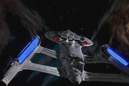 general view of the symmetrical spaceship from behind flying through outer space, ncc1701e, detailed surface, illumination, best shadow, 
<lora:startrekv14:0.99>