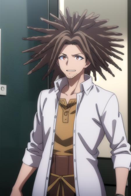 yasuhirohagakure, <lora:yasuhiro hagakure s1-lora-nochekaiser:1>,
yasuhiro hagakure, bangs, brown hair, (brown eyes:1.3), male focus, facial hair, dreadlocks, smile, grin,
BREAK shirt, collarbone, jacket, white shirt, open clothes, collared shirt, open jacket, black jacket, dress shirt, brown shirt,
BREAK indoors, classroom,
BREAK looking at viewer, (cowboy shot:1.5),
BREAK <lyco:GoodHands-beta2:1>, (masterpiece:1.2), best quality, high resolution, unity 8k wallpaper, (illustration:0.8), (beautiful detailed eyes:1.6), extremely detailed face, perfect lighting, extremely detailed CG, (perfect hands, perfect anatomy),