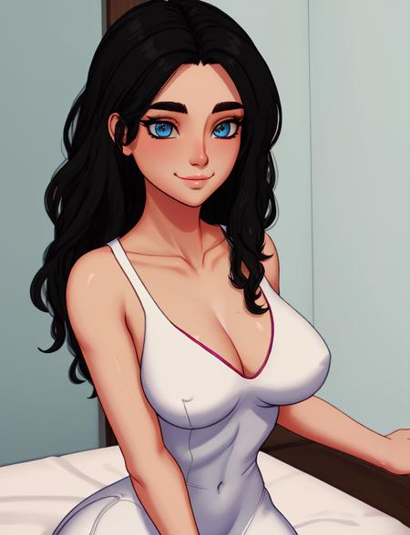 <lora:b4d1k-000010:1>, b4d1k, woman, make-up, black hair, long hair, wavy hair, white dress, smile, ((slim face)),Dik-jill  <lora:WM Dik-jill:0.5>