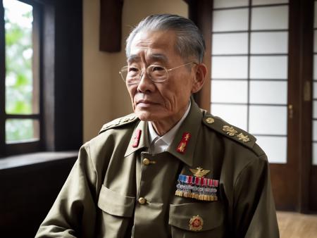 asian, <lora:houseman:0.85>,glasses,housemanku,A Japanese veteran, depicted as an elderly man with a dignified and solemn expression. He may be wearing a military uniform or medals that reflect his service, and his posture conveys a sense of pride and honor. The background could include elements of traditional Japanese architecture or landscapes, or symbols that represent his military service. The scene should be as realistic as a high-resolution photograph, with soft and respectful lighting that highlights the character's wisdom and experience, (masterpiece:1. 0), (best quality:1. 4), (ultra highres:1. 2), (intricate details:1.3), (soft focus:1. 4), (sharp focus:1. 4),Raw photo,1man,