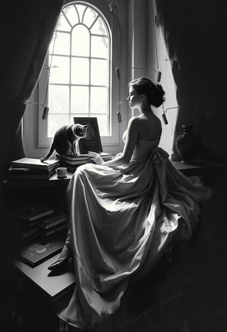 A noblewoman sitting by a sunlit window, her flowing silk gown rendered with  luminous elegance, while books, small trinkets, and a cat playfully interact with the scene in  intimate genre style. high-contrast black-and-white photography, surreal abstract distortion, raw expressive brushstrokes, inverted and fragmented perspective, haunting atmospheric minimalism, misty dreamlike textures, strong contrast between realism and chaos