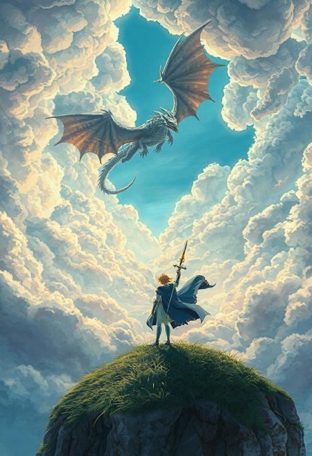 Vertical 9:16 anime-style sky in ultra-detailed 4K resolution. A vast, painterly sky stretches endlessly, filled with massive, textured clouds in complex folds, soft ridges, and jagged contours. Gaps reveal glowing baby-blue sky and warm sunlight streaming through. Below, Saber from Fate/stay night stands firm atop a grassy cliff, her silver armor gleaming, Excalibur drawn and glowing faintly in her hand. Her flowing blue cape catches the wind as she locks eyes with a colossal dragon hovering in the clouds above. The dragon’s scales shimmer with obsidian and gold tones, its wings vast and torn by age. The scene is richly cinematic: dreamy pastel tones shift into high-contrast lighting, with deep cel shading, soft bloom, ambient haze, and hyper-detailed watercolor texture. A moment of mythical confrontation frozen in time — heroic, emotional, and alive with magical tension.