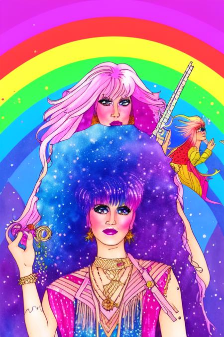 tarot card style, watercolor style,  illustration style, Jem and the Holograms, portrait, 1980s, rainbow hair, Rock star, 1girl, solo, sparkling glitter background, art by artgerm, wlop, ring light,  duskgem