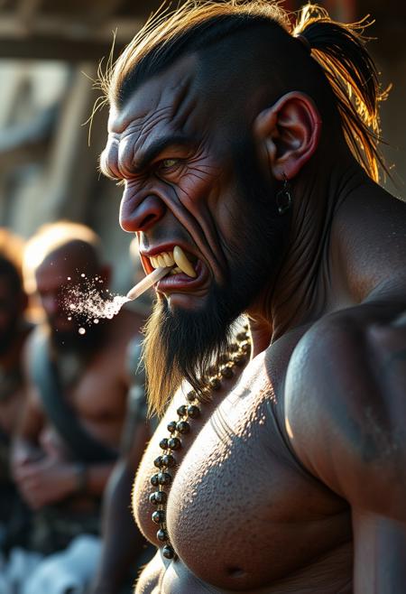 A full-body view of a roided-out oiled orc with prominent lower canines and rippling muscles intensely looking off to the side with out-of-focus orcs of different skin tones in the background, warpaint, and facial and body piercings, with the sun highlighting individual fine sparse facial hairs and light bloom and lens flare. He is exhaling a fine spray of condensation and spit in the cold morning air.