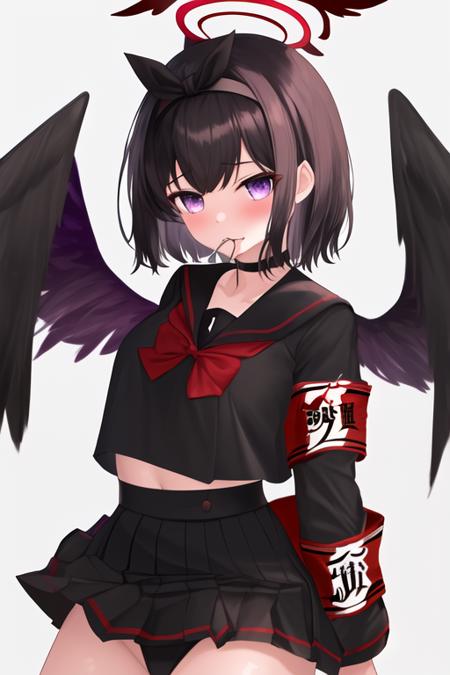 masterpiece, best quality, highres, solo, {mashiro_bluearchive:1.10}, black_hair, purple_eyes, short_hair, bangs, halo, wings, blush, black_wings, hairband, swimsuit, bikini, black_bikini, breasts, 1girl, black_serafuku, sailor_collar, school_uniform, serafuku, long_sleeves, black_skirt, skirt, black_sailor_collar, bow, looking_at_viewer, pleated_skirt, red_bow, armband, bowtie, shirt, simple_background, choker, white_background, red_bowtie, black_choker, black_shirt, low_wings, feathered_wings, closed_mouth