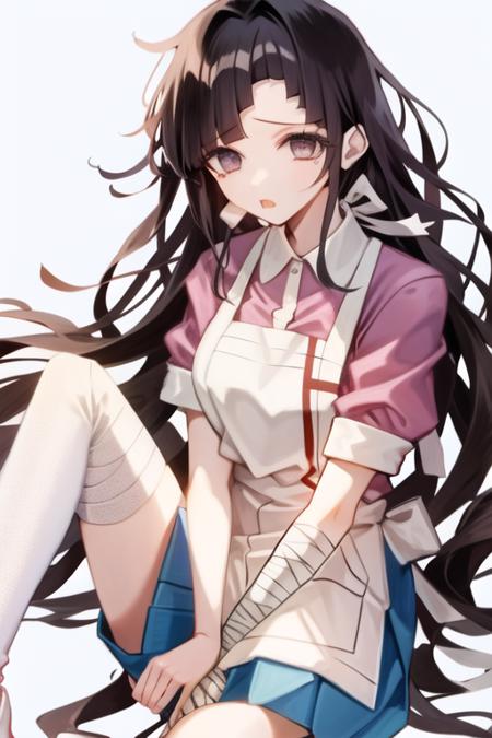 <lora:MikanDG:1>, 1girl, messy hair, bandages, apron, shirt, short sleeves, bandaged leg, puffy sleeves, sitting, pink shirt,