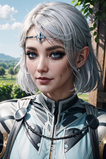 ( masterpiece, best quality, highres:1.3)
<lora:BGIsobel-000003:0.9>
BGIsobel, 1girl, solo, white hair, light blue eyes, pointy ears, black make up, vineyard, midday, abundant sunlight and lush greenery ,  intricate, elegant, highly detailed, digital painting, artstation, concept art, smooth, sharp focus, illustration, art by artgerm and greg