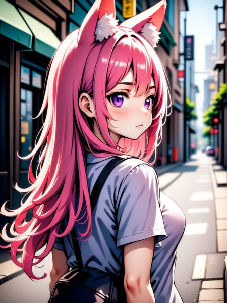 1girl, long hair, pink hair, purple eyes, medium breasts, shirt, street, animal ears, looking back, from behind, upper body,