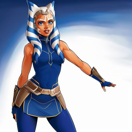 (masterpiece, best quality:1.2), (perfect anatomy:1.2), Duss Art, AhsokaS7, colored skin, (1girl, solo:1.1), looking at viewer, medium breasts, blue eyes, wide hips, seductive smile, AhsokaS7Outfit, blue shirt, vambraces, fingerless gloves, hip armor, blue skirt, blue leggings, knee boots, dynamic pose, mature female, <lora:AhsokaS7_V1-Manityro-dadapt:.7>  <lora:DussArtLORA:.8>