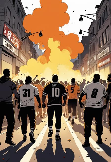 comic art, basic colors, (football fans together on city streets shouting:1.3), violence, intense, simplified cartoon, dark, smoke around people, fandom, aggression