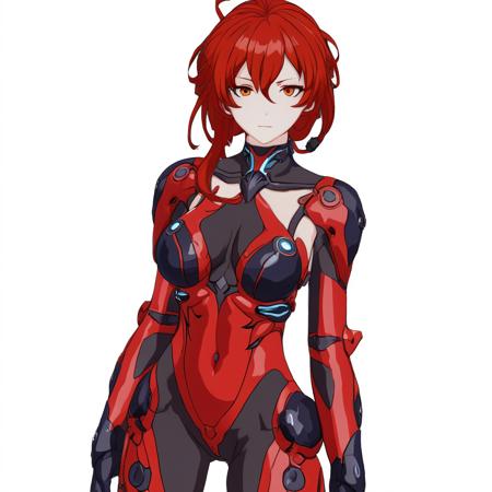 Murata Himeko\(Scarlet Fusion\), honkai 3rd, anime, murata himeko, 1girl, solo, red hair, white background, simple background, breasts, bangs, bodysuit, closed mouth, yellow eyes, glowing, red bodysuit,<lora:honkai_3rd_himeko:0.7>,