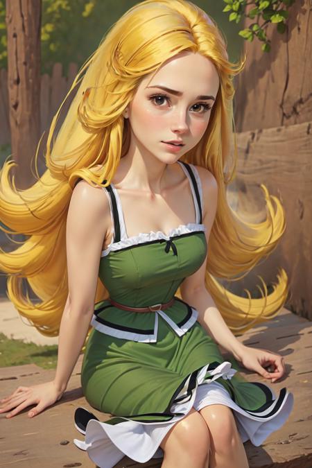 1 girl, Coriza, very long blond hair, green dress, 