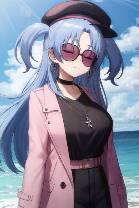 masterpiece, best quality,  <lora:alis:0.5>, alis, alis_big, 1girl, solo, hat, blue hair, long hair, jacket, sunglasses, closed eyes, two side up, pink jacket, black headwear, choker, long sleeves, closed mouth, shirt, beret, black shirt, open jacket, open clothes, jewelry, earrings, large breasts, ocean,