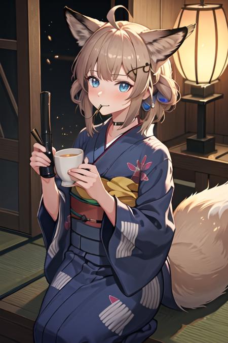 best quality, masterpiece, highres, 1girl, solo, {yukata:1.40}, {kimono:1.20}, {sussurro_arknights:1.15}, animal_ears, fox_ears, ahoge, blue_eyes, short_hair, bangs, fox_girl, oripathy_lesion_\(arknights\), brown_hair, tail, fox_tail, closed_mouth, blush, animal_ear_fluff