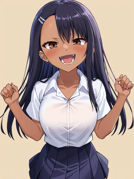 <lora:xl_Nagatoro Hayase-000009:1>,Nagatoro Hayase is a girl with dark skin long black hair and brown eyes, 1girl, skirt, solo, shirt, white shirt, blush, open mouth, pleated skirt, breasts, black skirt, cowboy shot, smile, fang, looking at viewer, short sleeves, collared shirt, teeth, hand up, school uniform, arm behind back, best quality, ultra high res,photorealistic