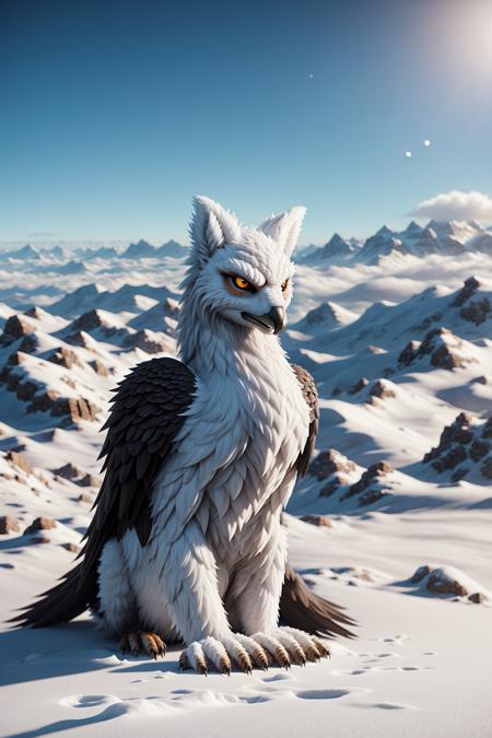 ral-mythcr, griffin sitting on a mountain range with snow <lora:ral-mythcr-sd15:1>